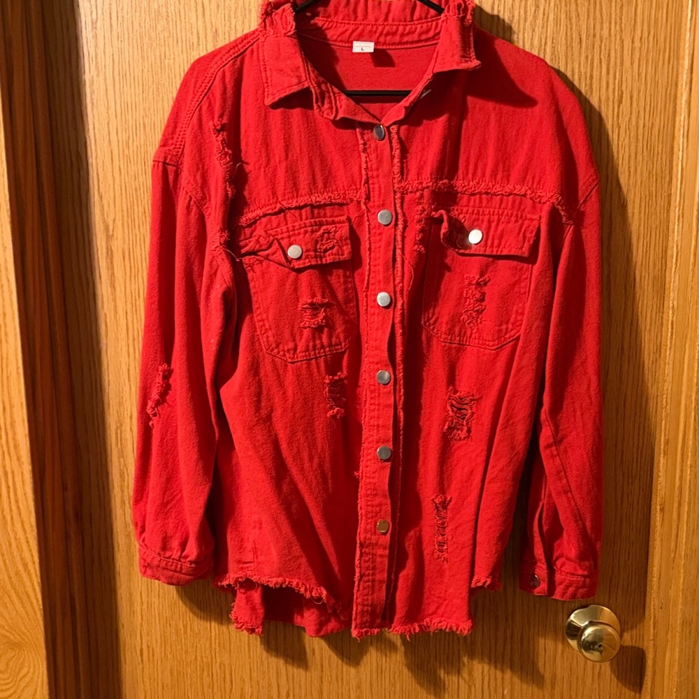 Distressed Red Button-Up Shacket